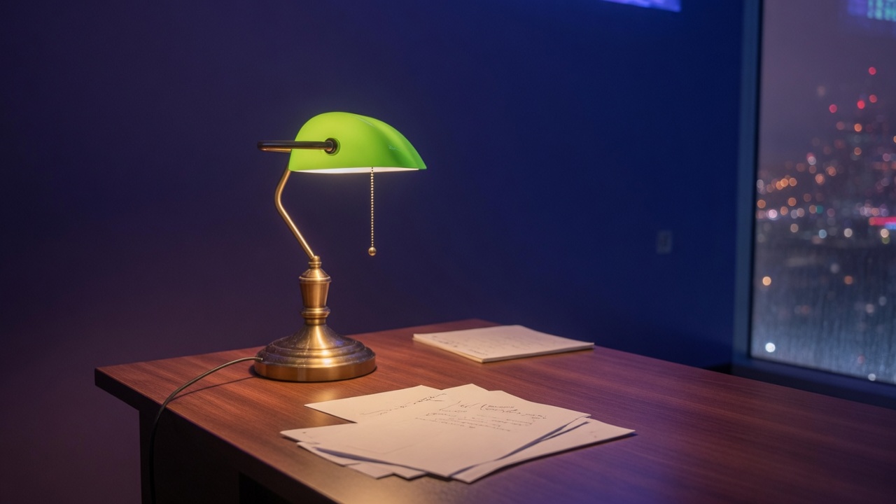 Night news desk lamp and papers after hours
